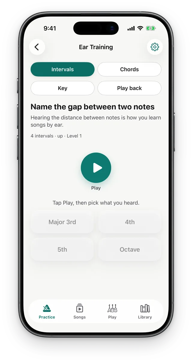 Ear training on Intervals: a Play button and answers Major 3rd, 4th, 5th and Octave.