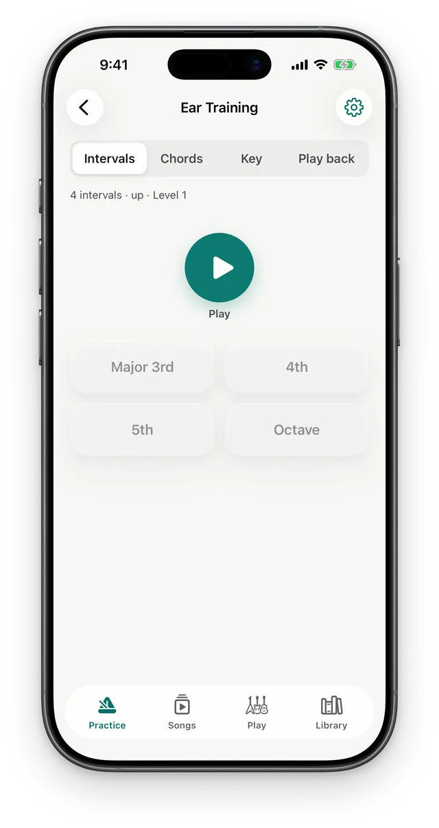 Ear training on Intervals: a Play button and answers Major 3rd, 4th, 5th and Octave.