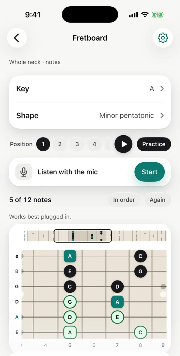 The Fretboard in A minor pentatonic, position 1, with notes on the neck and Listen with the mic.