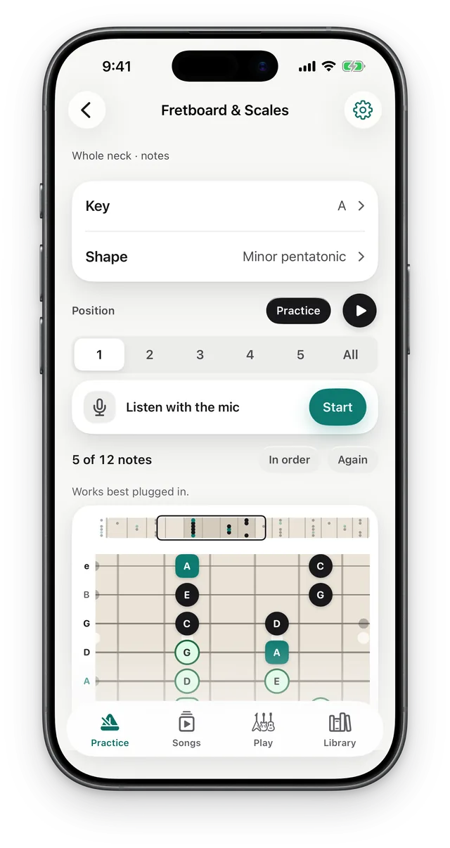 The Fretboard in A minor pentatonic, position 1, with notes on the neck and Listen with the mic.