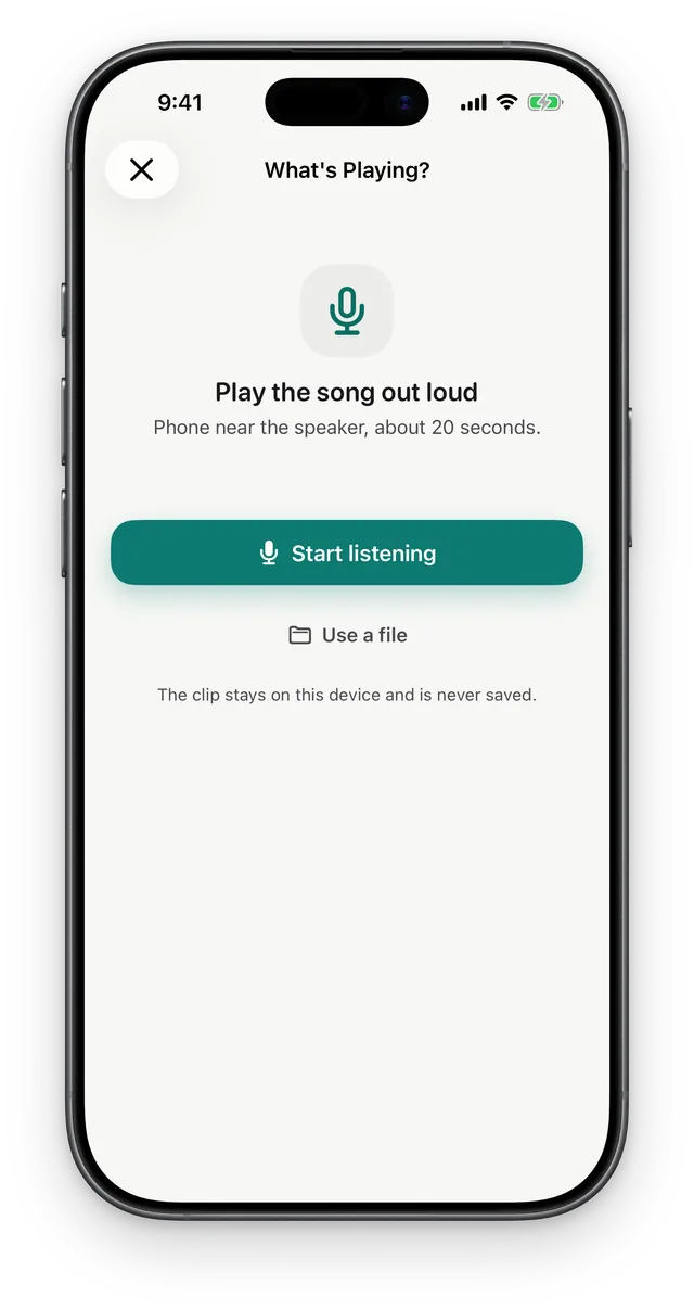 The What's Playing? screen: play the song out loud with the phone near the speaker, a Start listening button and a Use a file link.