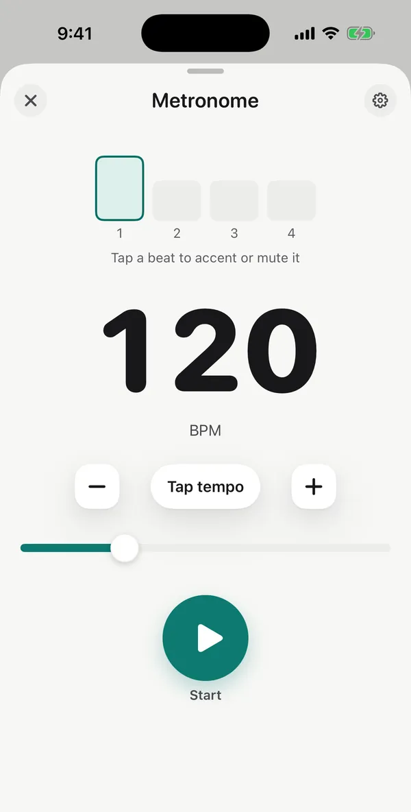 The metronome at 120 BPM with four beats, Tap tempo and a Start button.