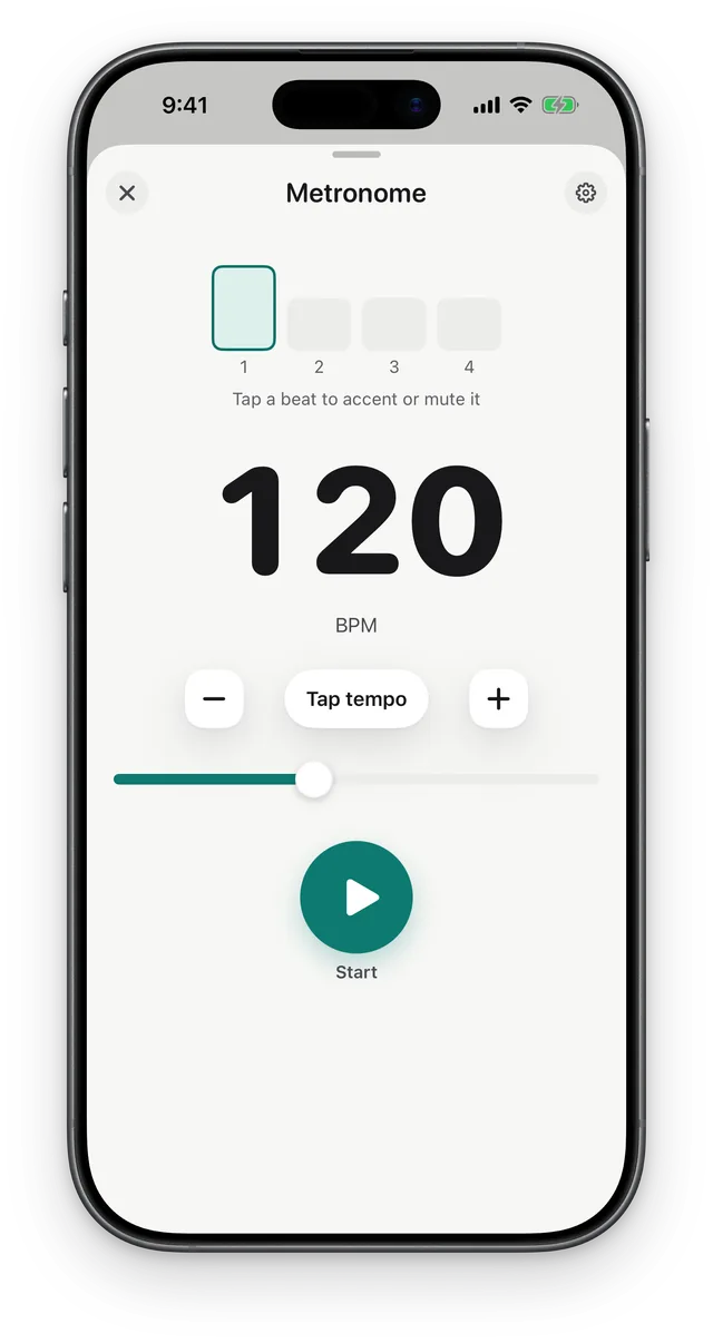 The metronome at 120 BPM with four beats, Tap tempo and a Start button.