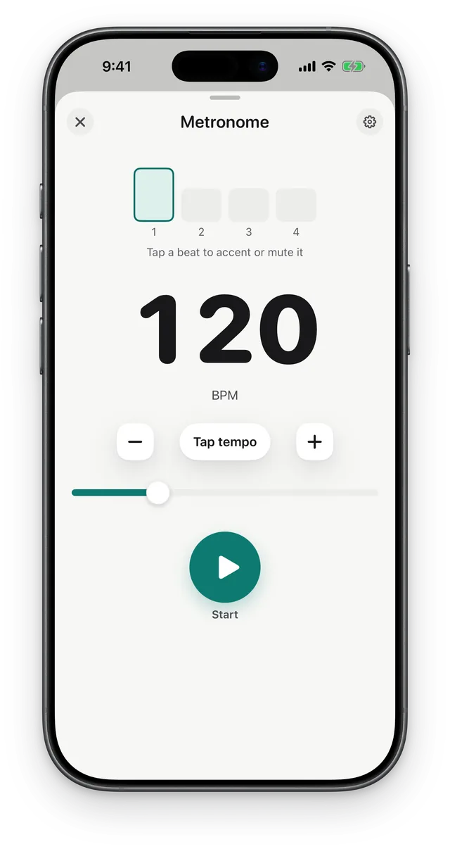 The metronome at 120 BPM with four beats, Tap tempo and a Start button.