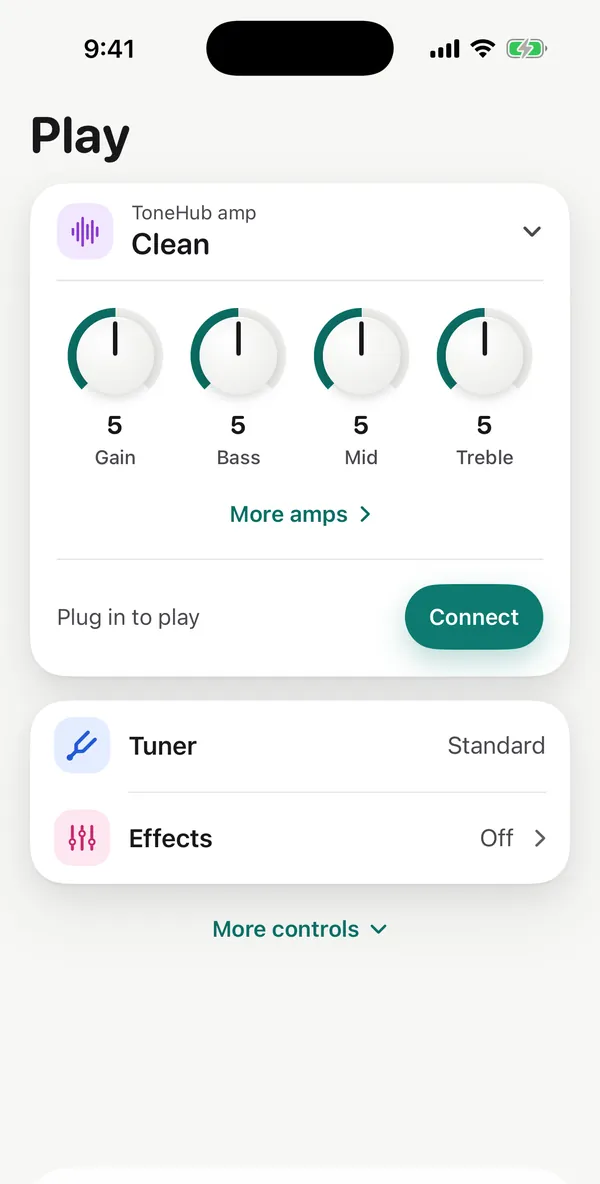 The Play screen: ToneHub's amp set to Clean with Gain, Bass, Mid and Treble knobs, plus Tuner and Effects.
