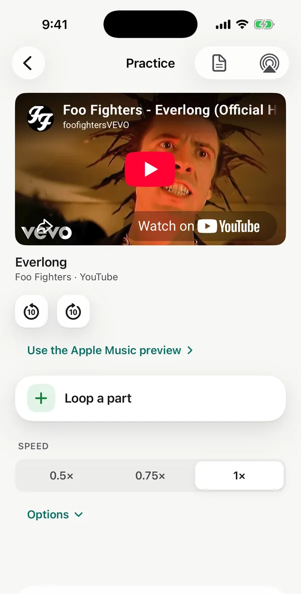 Practice mode with the song's YouTube video, Loop a part, and speed buttons for 0.5×, 0.75× and 1×.