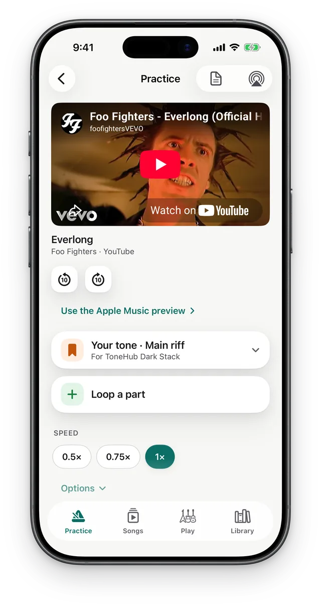Practice mode with the song's YouTube video, your saved tone, Loop a part, and speed buttons for 0.5×, 0.75× and 1×.