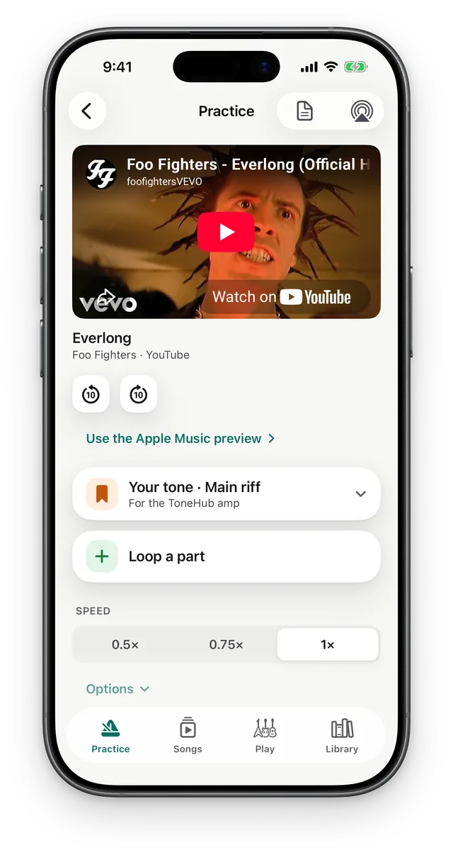 Practice mode with the song's YouTube video, your saved tone, Loop a part, and speed buttons for 0.5×, 0.75× and 1×.