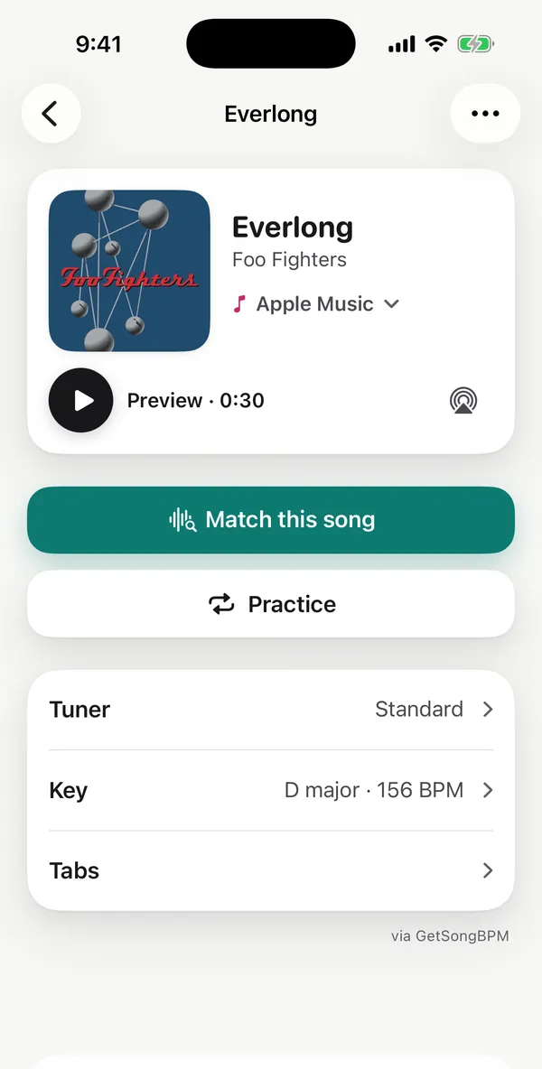 A song page for Everlong with a preview, Match this song, Practice, and Tuner, Key and Tabs rows.
