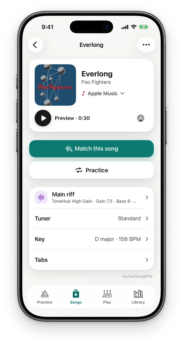 A song page for Everlong with a preview, Match this song, Practice, the saved Main riff tone, and Tuner, Key and Tabs rows.