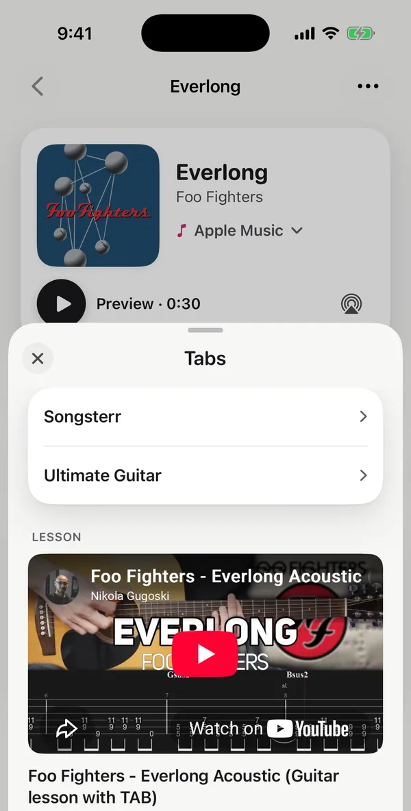 The Tabs sheet with Songsterr, Ultimate Guitar and a YouTube guitar lesson.